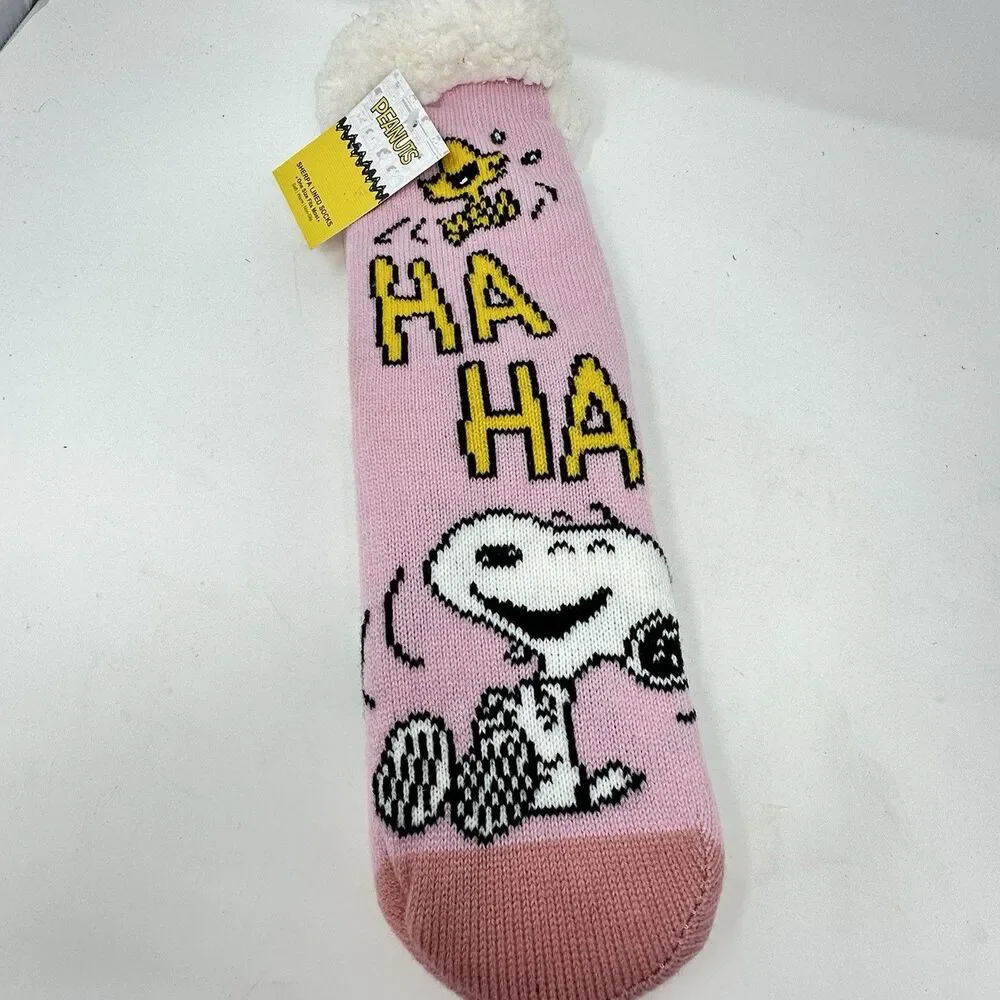 NWT Peanuts Snoopy & Woodstock Pink Sherpa Lined Slipper Socks Non-Slip OSFM